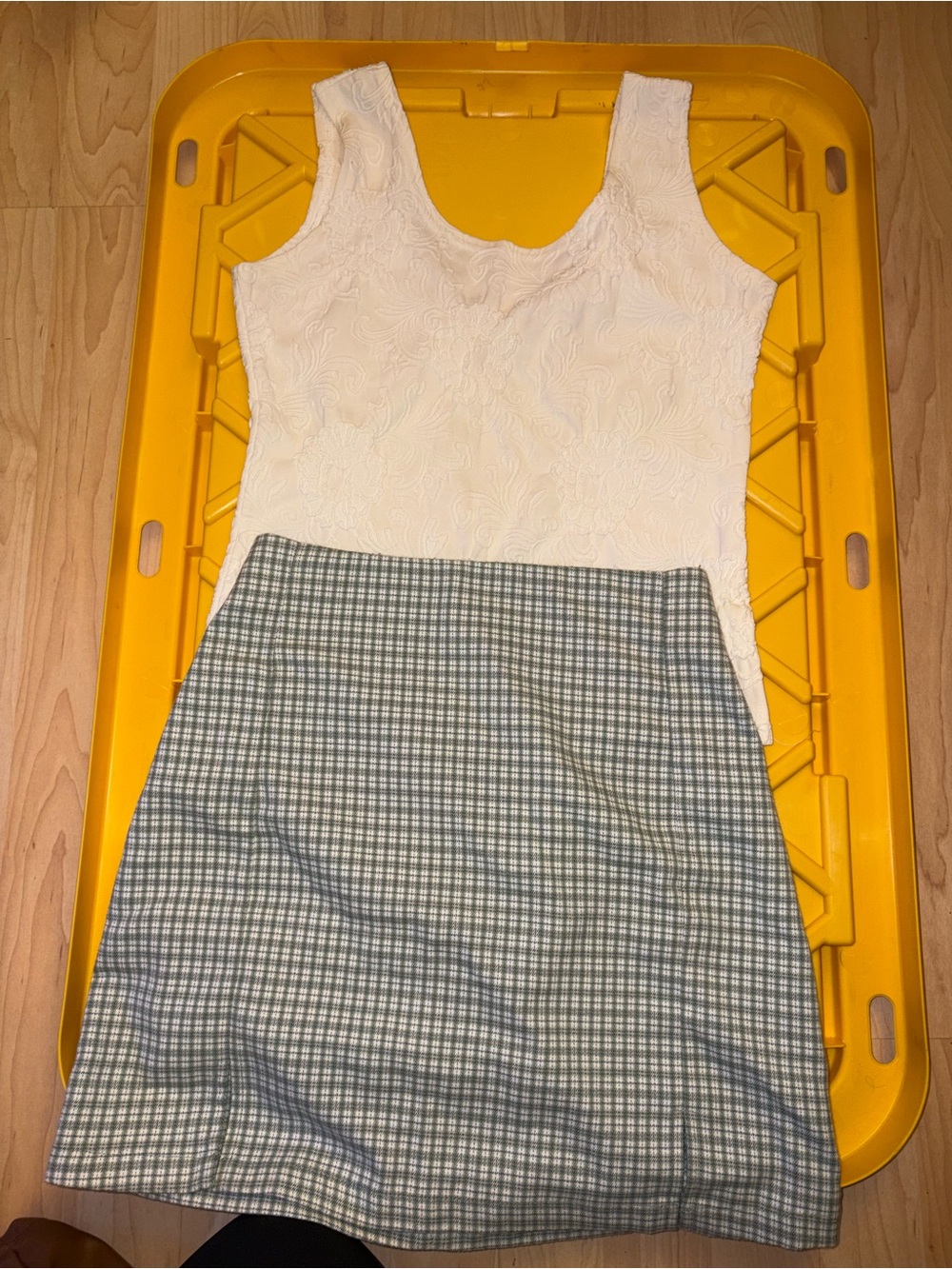 White Textured Tank with Brandy Melville Green Plaid Mini Skirt Set